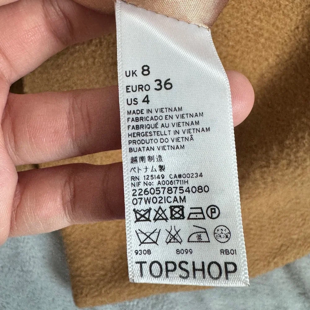 Topshop Women's Camel Brown Longline Open Front Winter Overcoat Jacket Size US 4